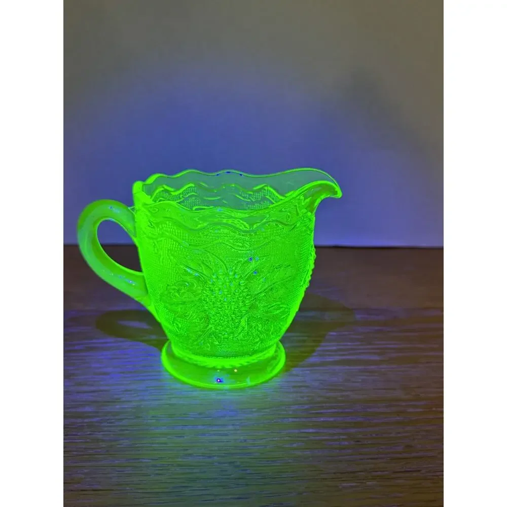 Westmoreland Glass Creamer Pitcher Stippled Grape Uranium Glass